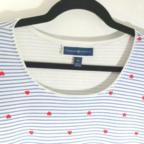 Karen Scott Nautical Hearts XL Tee T-shirt Blue Stripe Red Glitter Hearts - Picture 2 of 14